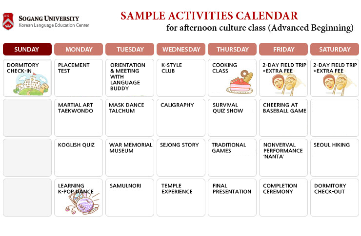 Sample Activities calendar for afternoon culture class